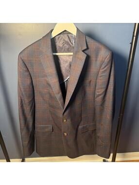 Ted Baker Blazer 42R Wool Brown/Blue Plaid Jake Sport Coat